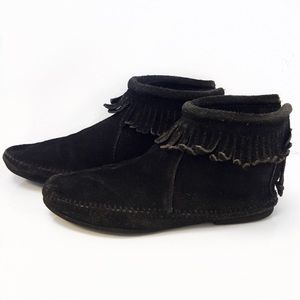Black suede handmade moccasins with fringe detail